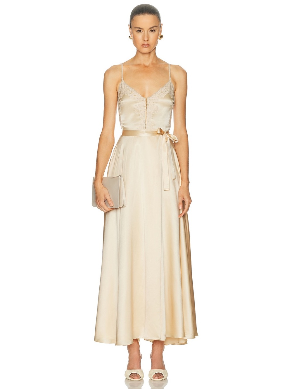 Mirror Palais Lace Silk Midi Dress 
Champagne Satin Lace-Trim Midi Dress